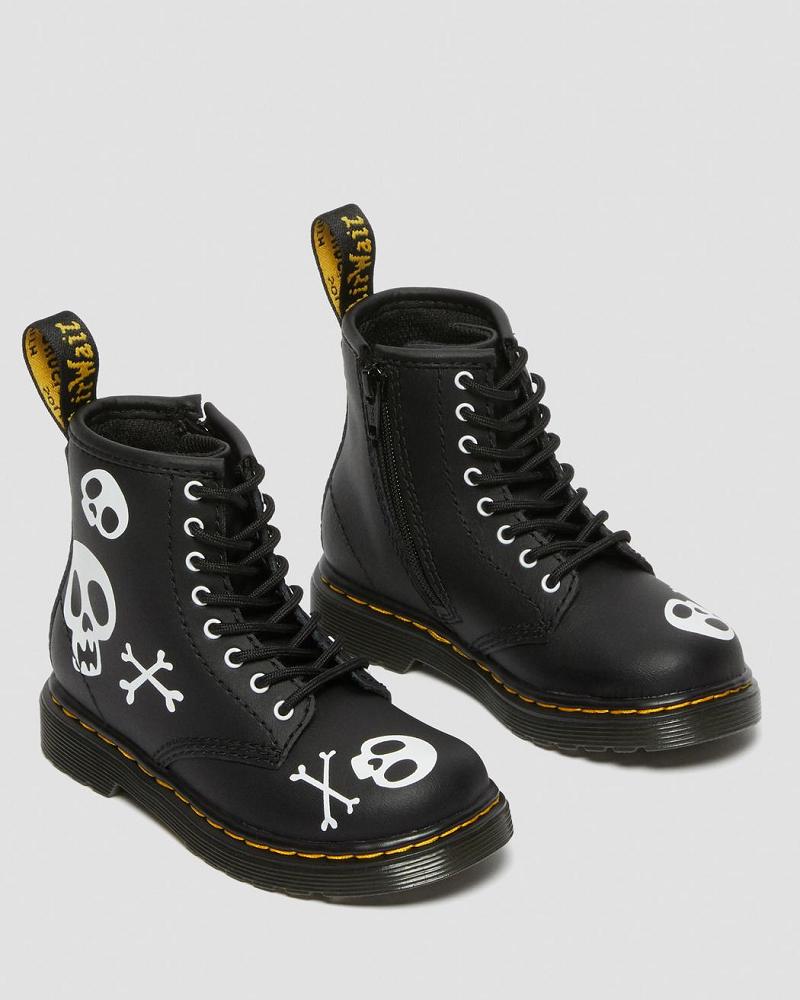 Dr Martens Toddler 1460 Skull & Bones Læder Snørestøvler Børn Sort Hvide | DK 704AHK